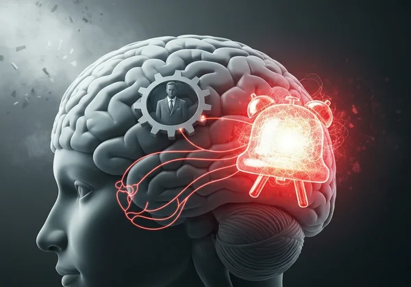 Brain showing prefrontal cortex disrupted by overactive amygdala