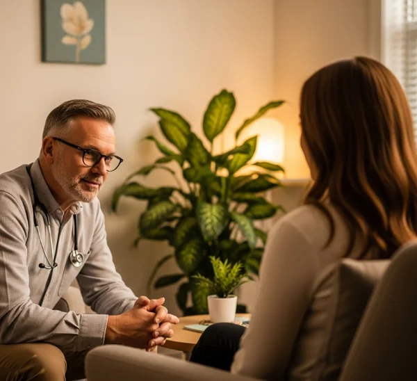 Terapeuta e cliente em um ambiente de apoio e profissional