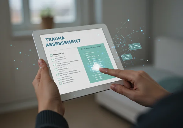 Person interacting with an online trauma assessment on a device.