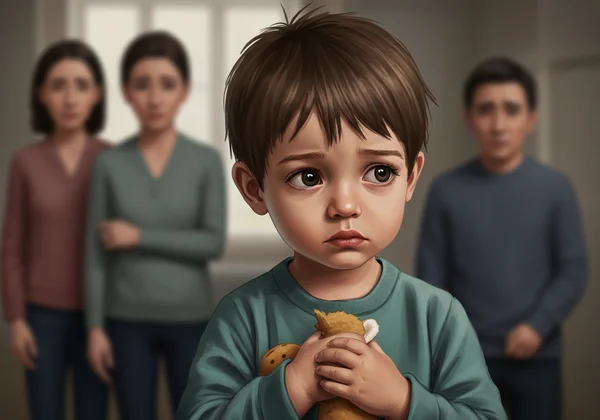 Child showing distress, parents look on concerned.