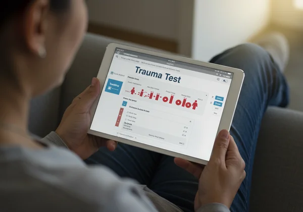 A person taking a confidential online trauma test on a tablet.