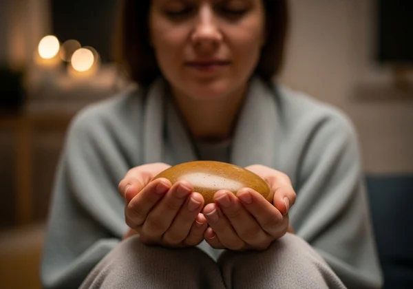 Person practicing grounding with deep breathing or comfort object