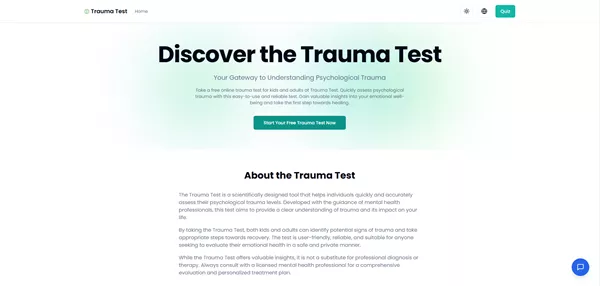 لقطة شاشة لموقع TraumaTest.org، تُظهر واجهة اختبار الصدمة.